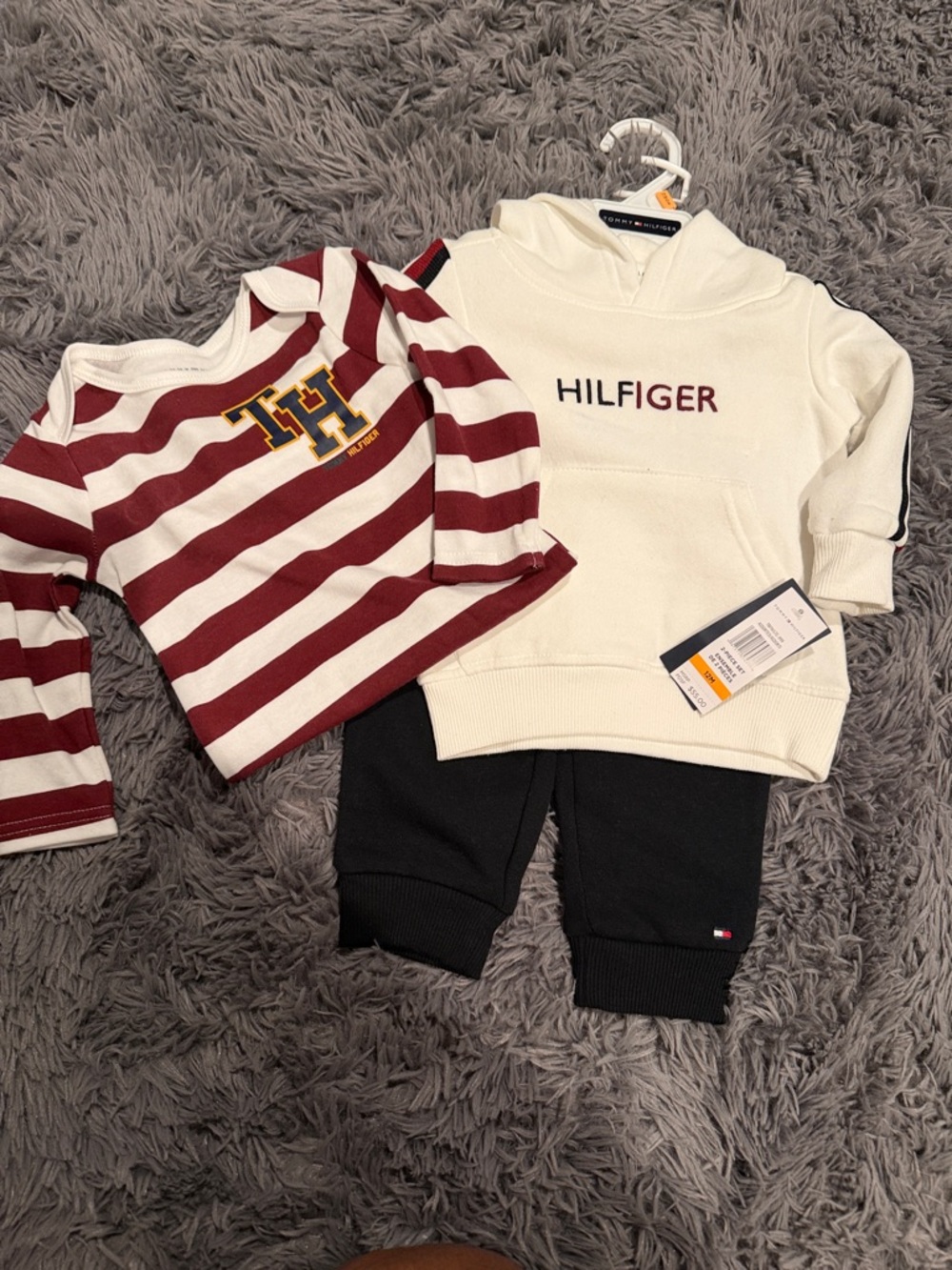 Tommy Hilfiger Cream Hoodie with Maroon Striped Top and Black Pants Set